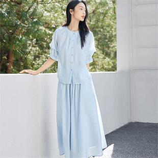 对白夏日松弛感亚麻套装裙女2026新款爆款圆领衬衫半裙淡人两件套