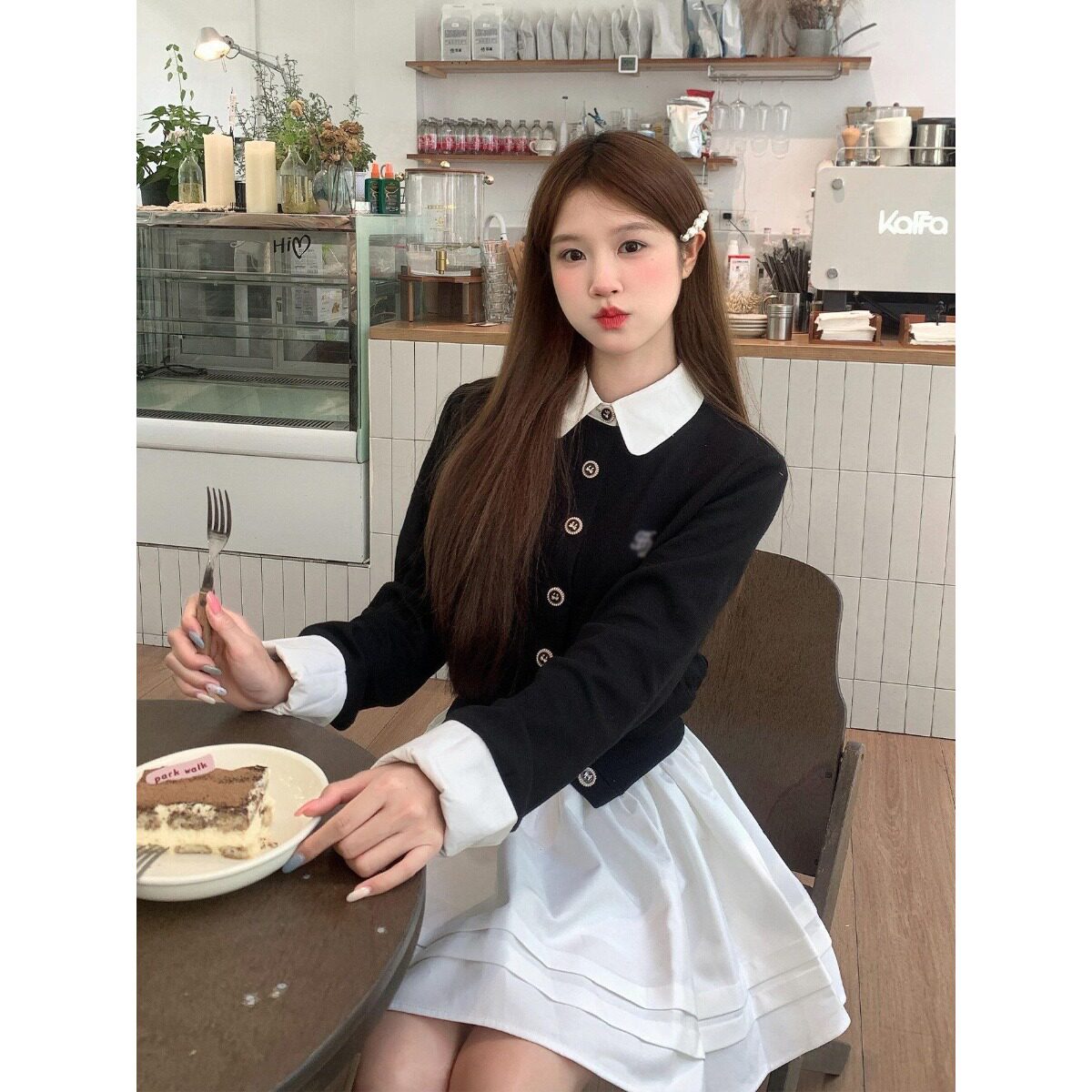 学院风早秋穿搭一整套撞色拼接假两件开衫毛衣百褶半身裙子两件套