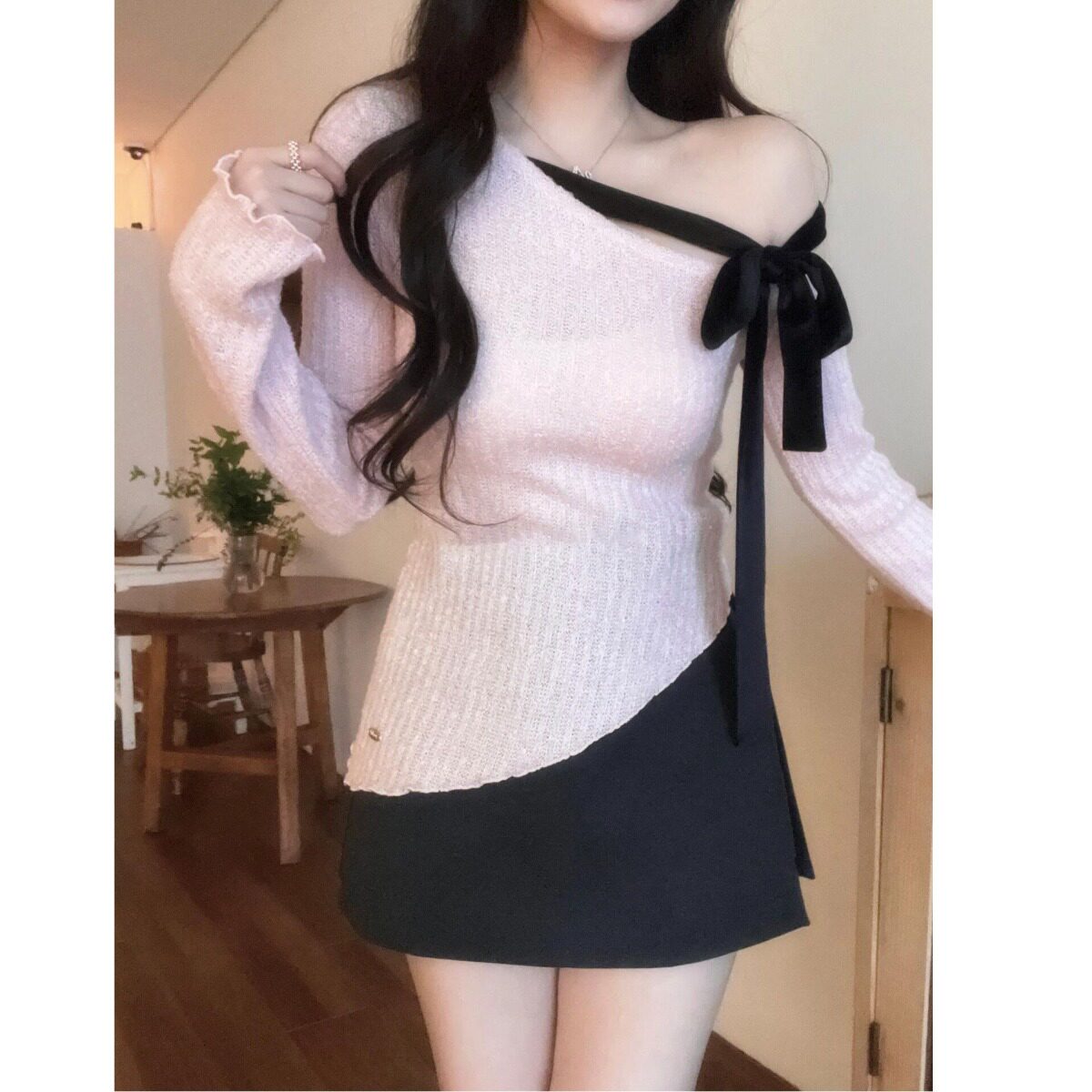上衣斜肩露肩针织衫MR水貂毛女打底衫粉色内搭蝴蝶结秋冬季