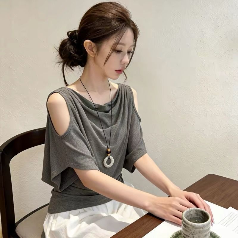 韩版夏季新款慵懒松弛感荡领短袖T恤女宽松休闲百搭性感上衣2026