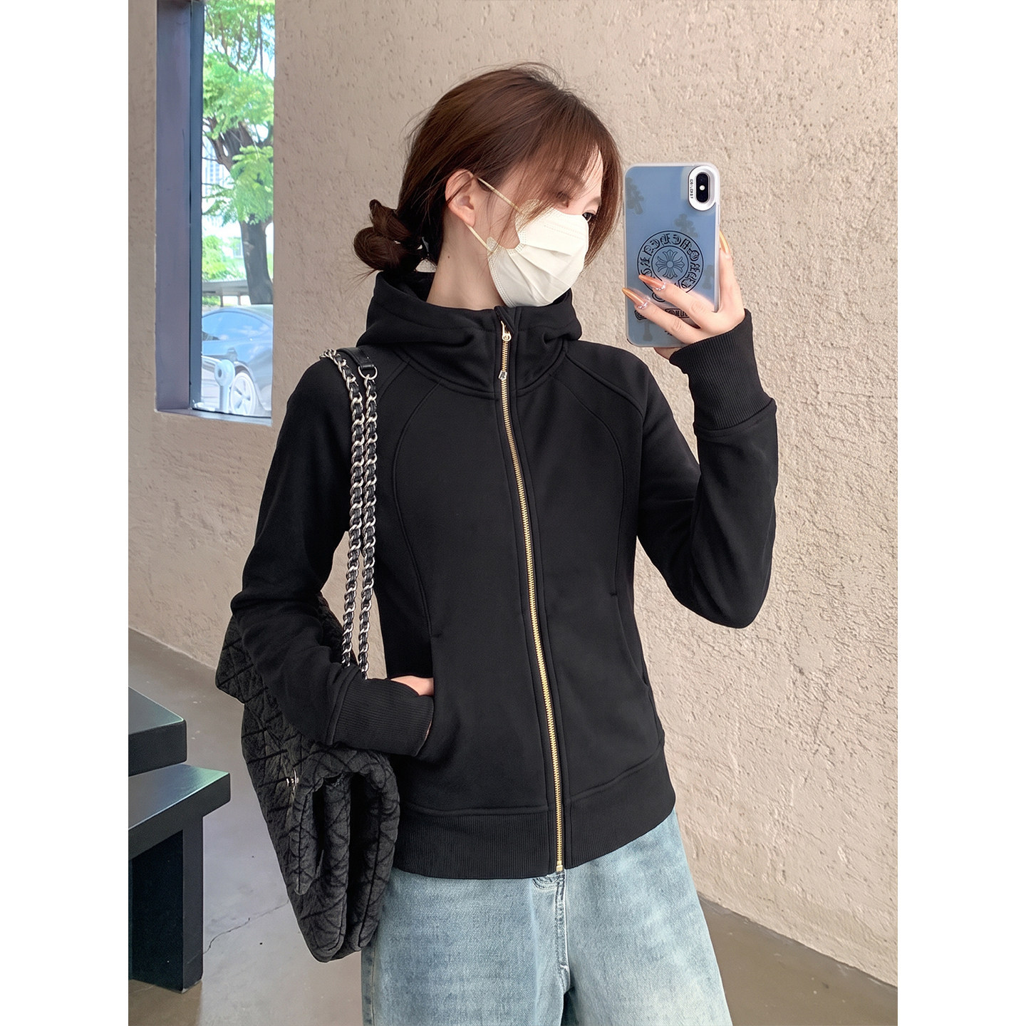 黑色卫衣外套女款2026新款秋季修身韩系穿搭连帽长袖休闲上衣开衫