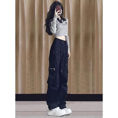 美式藏青色工装阔腿裤子女装春季2025新款小个子高腰直筒休闲长裤