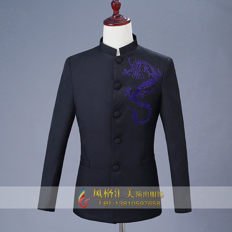 速发新款黑色中山装服装刺绣绣龙合唱演出服装中老年舞台表演服装