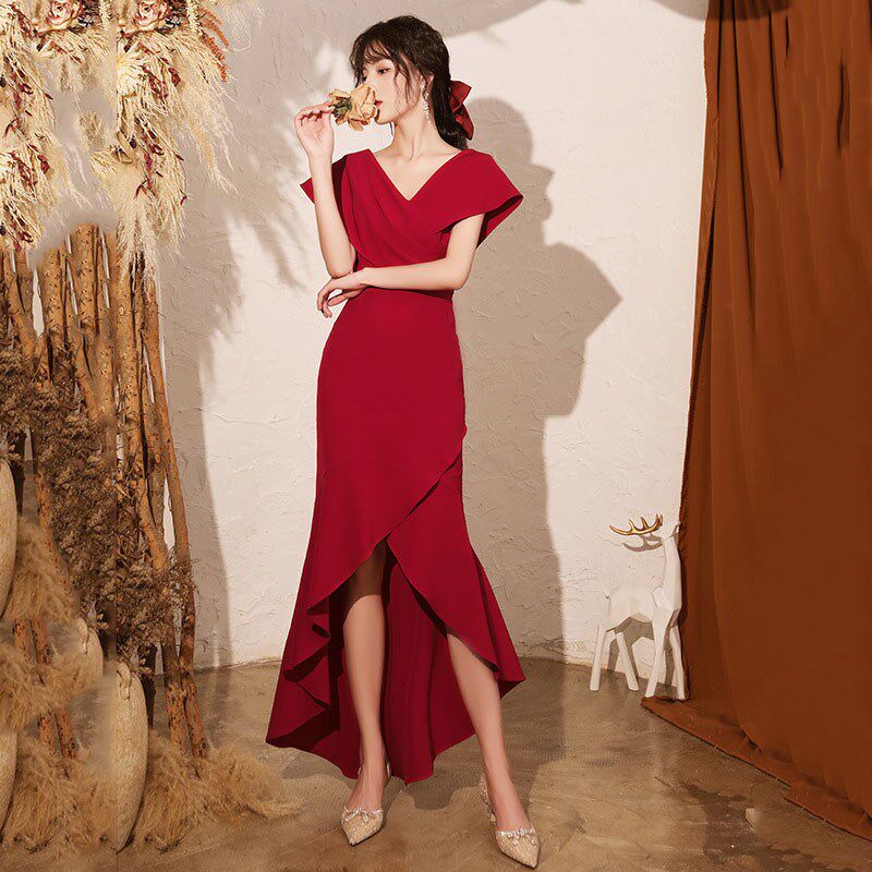 速发2024新款新娘服敬酒服红色V领鱼尾大气主持人宴会晚礼服裙长