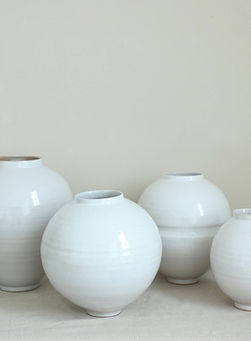 白色圆形花瓶高级感摆件客厅插花花器复古粗陶月亮罐民宿禅意装饰