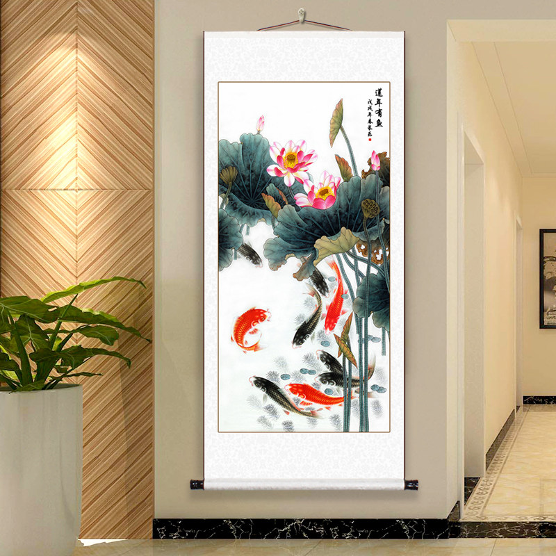 九鱼图国画招财画客厅过道走廊玄关挂画竖版卷轴年年有余字画,家居饰品,国画,淘宝优惠券,粉丝福利购,淘宝优惠卷