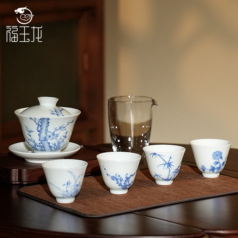 手绘功夫茶具盖碗福玉龙高档陶瓷