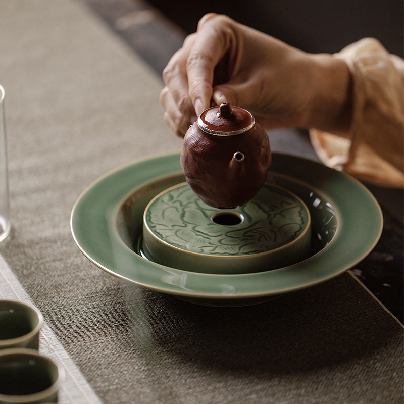 福玉龙复古耀州窑半刀泥手刻莲瓣纹锡盖陶瓷日式壶承茶托茶盘蓄水