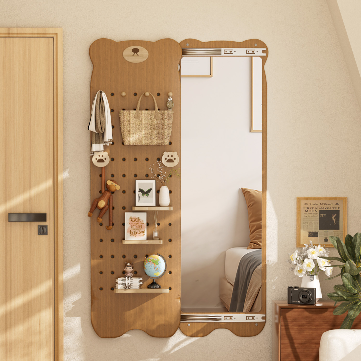 小熊洞洞板穿衣镜隐藏式推拉全身镜子家用可关闭壁挂墙玄关试衣镜