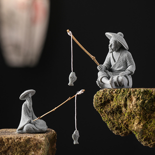 「太公钓鱼  愿者上钩」青砂石钓鱼翁园艺鱼缸造景茶桌茶宠摆件