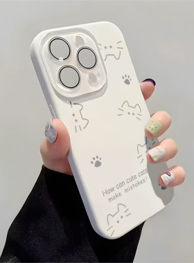 ins小视窗带镜头膜适用苹果16Promax手机壳iPhone15Promax液态硅胶14Pro新款线条猫咪13可爱卡通12防摔保护套