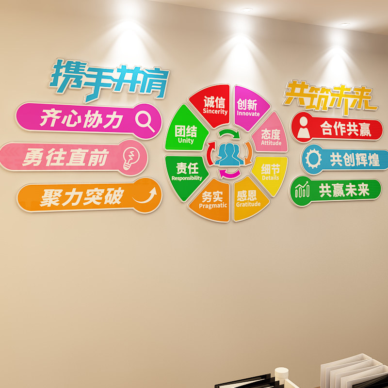 携手并肩共筑未来企业团队努力激励奋进文化墙贴现代简约设计背景