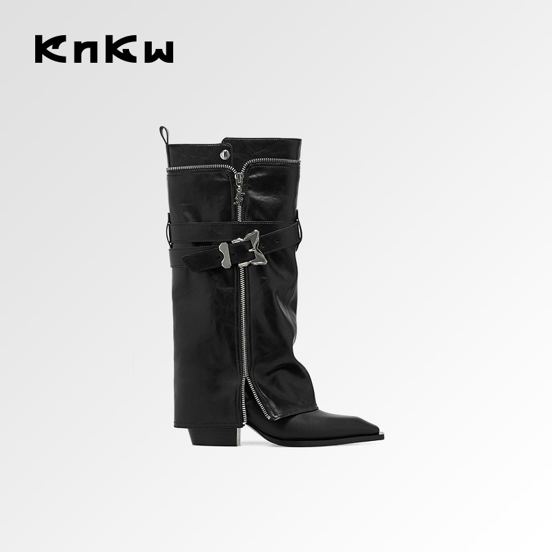 knkw尖头高跟裤管靴女25秋季新款百搭不累脚高跟鞋黑色设计感长靴,女鞋,时装靴,淘宝优惠券,粉丝福利购,淘宝优惠卷