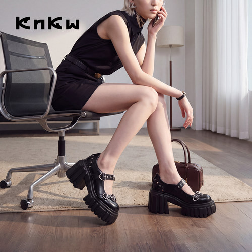 knkw黑色甜酷玛丽珍厚底增高女鞋