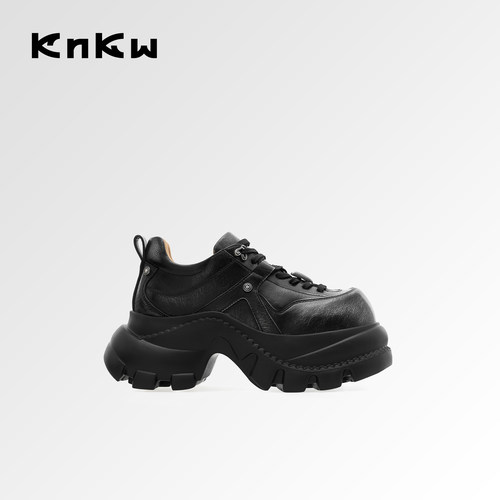 knkw擦色复古新款粗跟增高小皮鞋