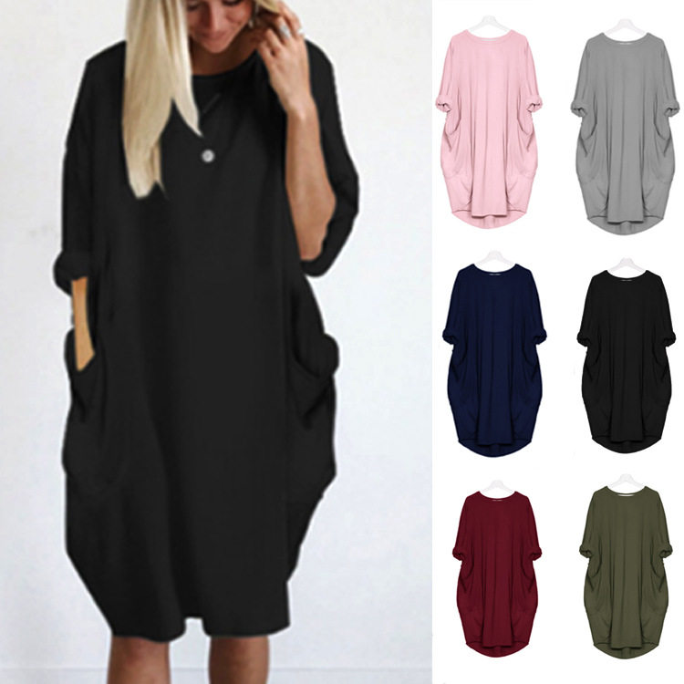 6XL Large Women's Loose Pocket Long Sleeve Dress女长袖连衣裙