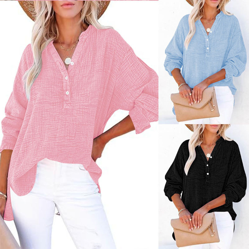 5XL Large Women Long Sleeve Loose Shirt大码长袖v领纽扣女衬衫