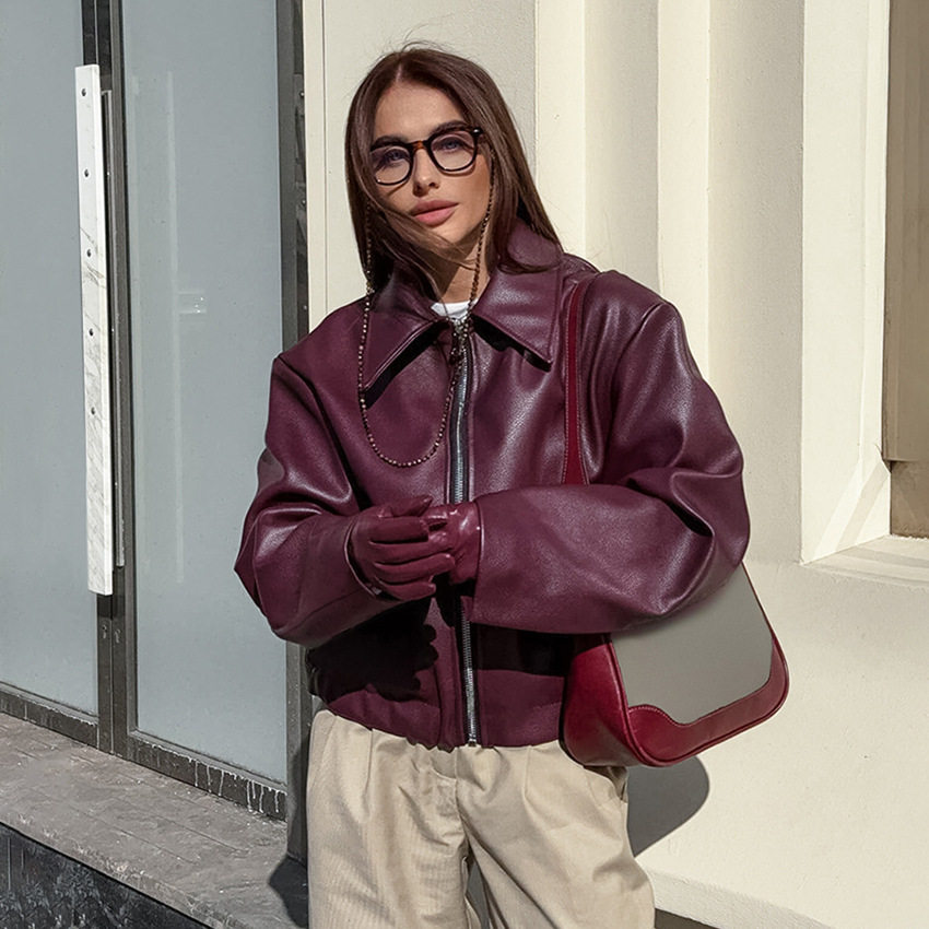 Women's retro motorcycle style wine red leather jacket皮衣女