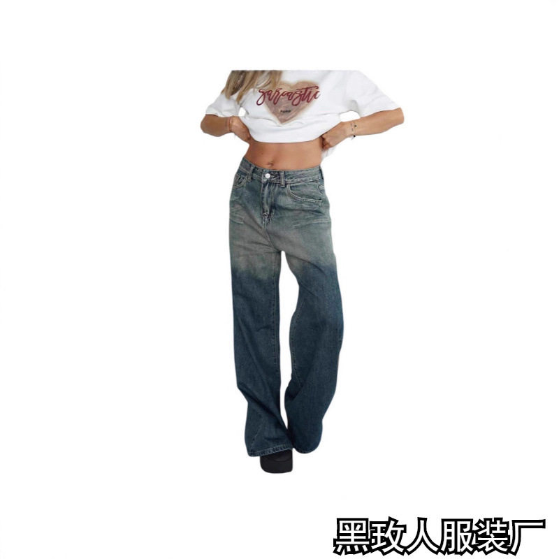 Women's plus size lazy style retro washed denim jeans牛仔裤
