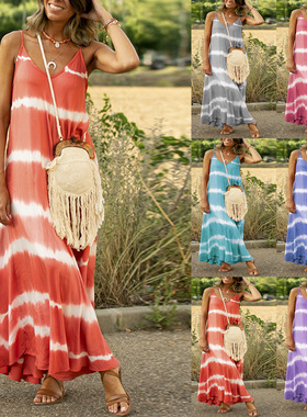 Women striped plus size long skirt with camisole印花条纹长裙