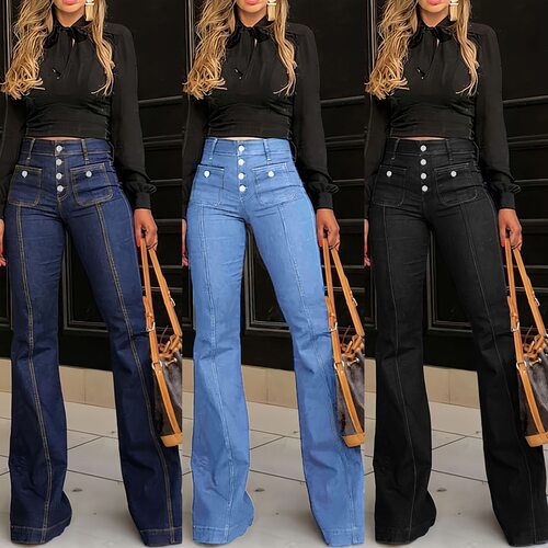 Women's breasted high waisted flared pants and long jeans女