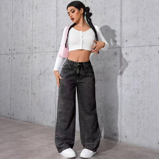 High waisted straight leg loose jeans for women宽松牛仔裤女