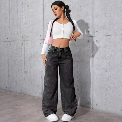 High waisted straight leg loose jeans for women宽松牛仔裤女