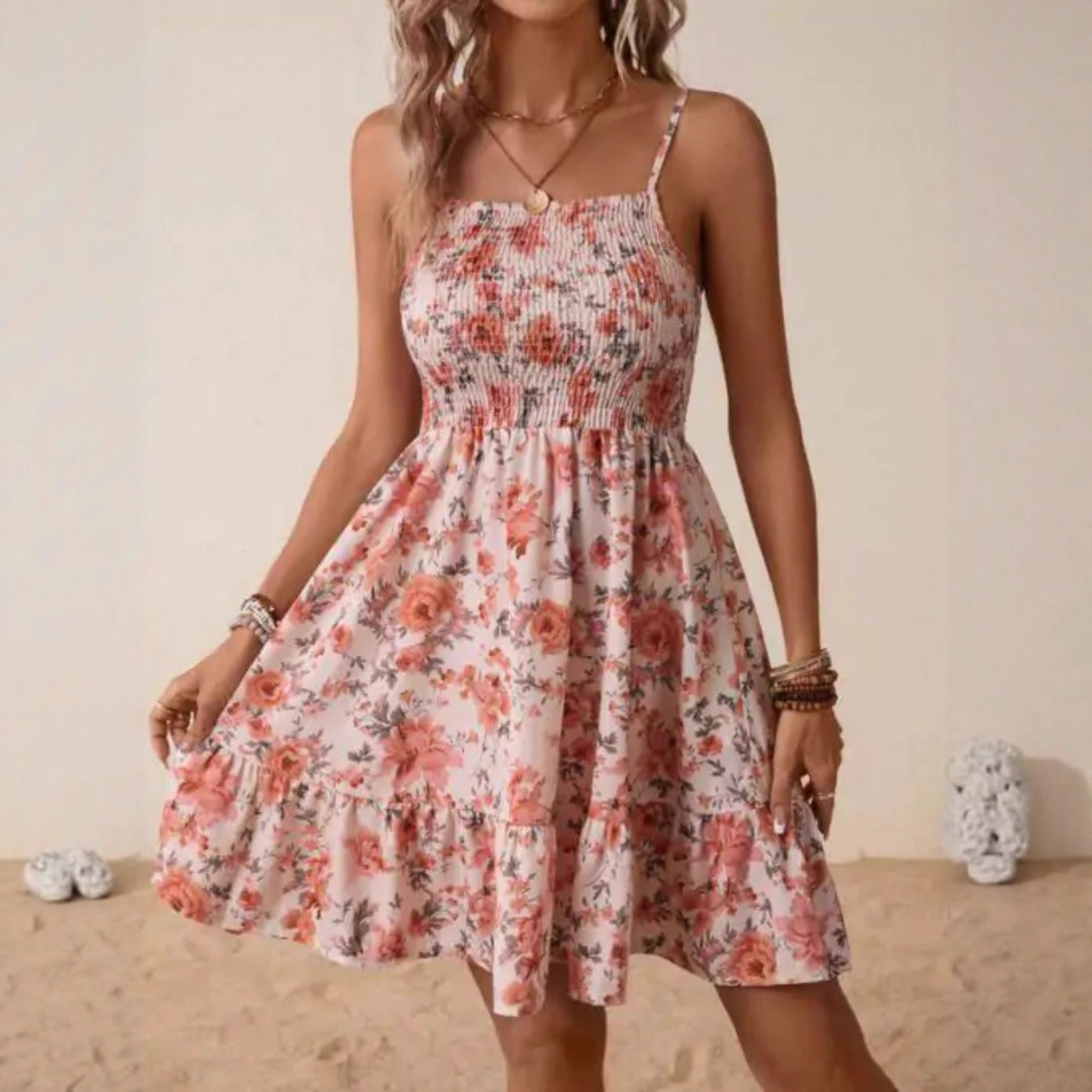 Women's suspender off shoulder printed dress女吊带露肩连衣裙