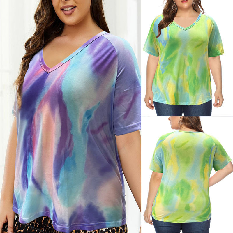 5XL Large V-neck Loose Short Sleeve大码印花t恤v领宽松短袖女