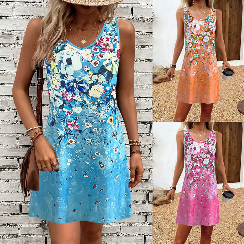 5XL Large Women's Printed Sleeveless Dress印花无袖连衣裙女