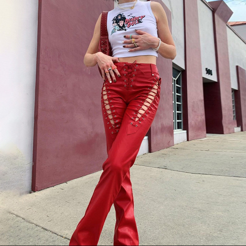 Women's hollow out strap straight leg leather pants女皮裤