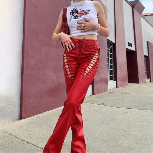 Women's hollow out strap straight leg leather pants女皮裤