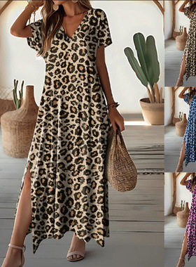 Women's leopard print V-neck short sleeved dress, long skirt