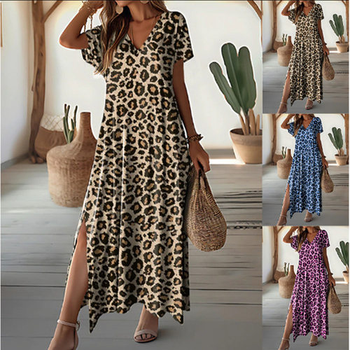 Women's leopard print V-neck short sleeved dress, long skirt