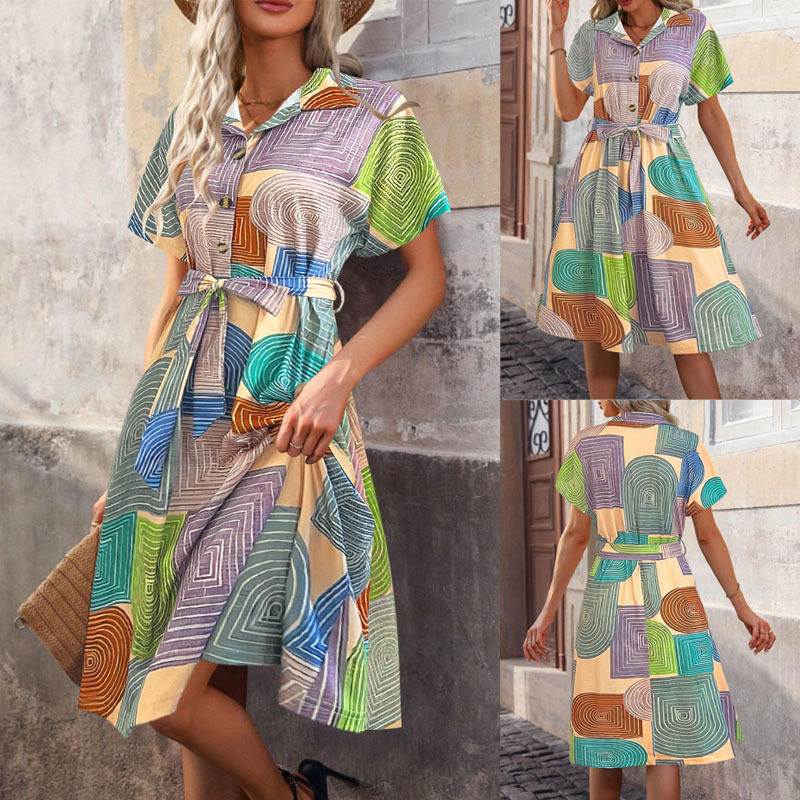 Women's V-neck short sleeved dress几何图案连衣裙v领短袖裙女