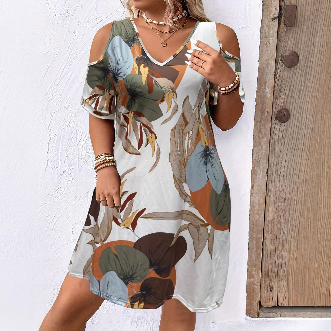 Women's off shoulder V-neck printed dress女露肩V领印花连衣裙