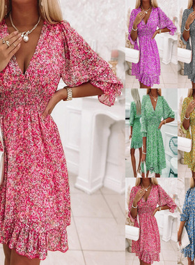 Women's short sleeved medium length dress短袖套头中长连衣裙