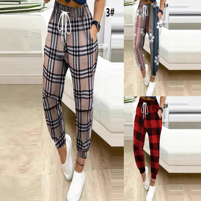 Women's plaid elastic lace up pants女格纹松紧系带长裤休闲裤