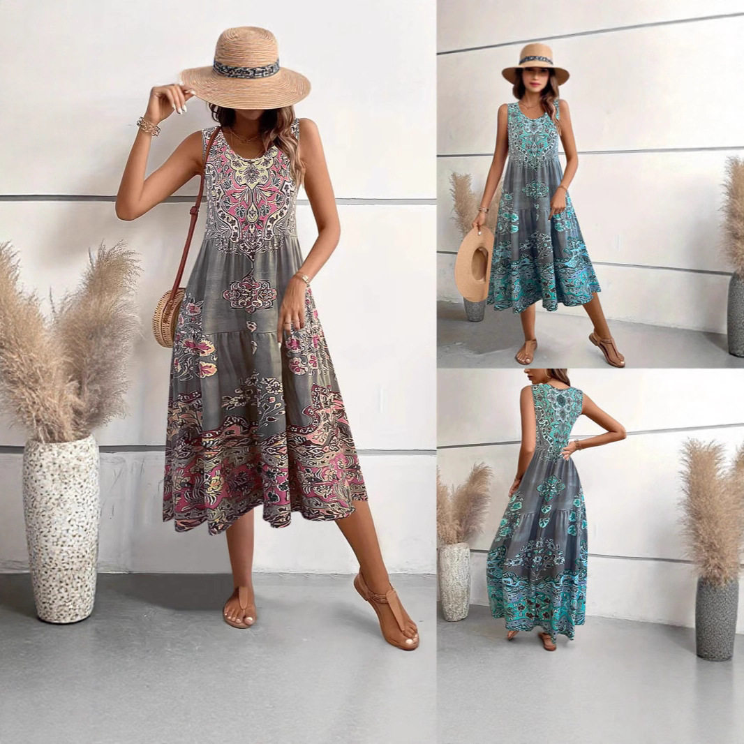 Women's printed sleeveless dress印花无袖V领背心裙连衣裙女