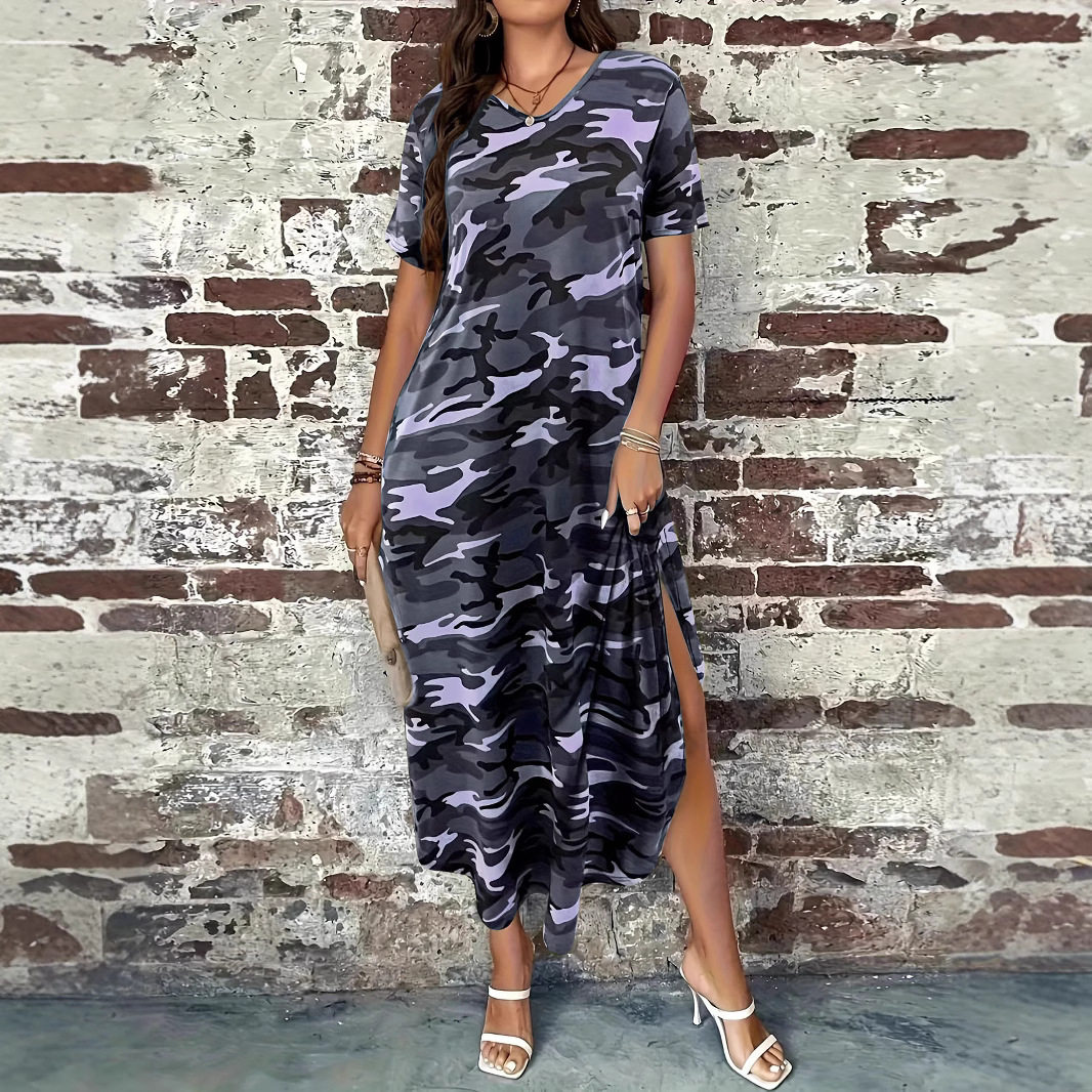 Women's camouflage printed short sleeved dress女迷彩连衣长裙