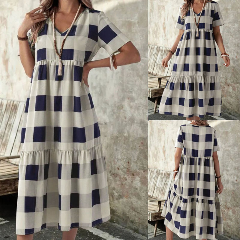 Women plaid V-neck short sleeved jumpsuit long skirt女连衣裙图片