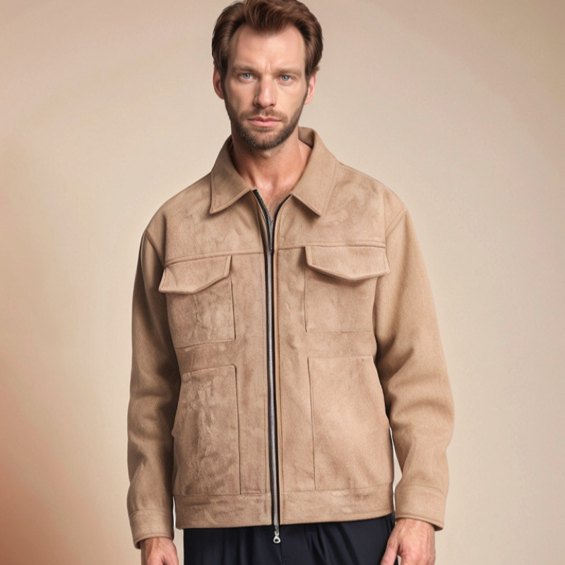 Men Deer Skin Velvet Zipper Large Pocket Jacket男鹿皮绒夹克