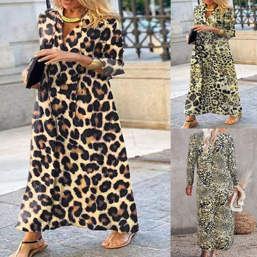 Women leopard print long sleeved shirt dress女豹纹长袖连衣裙