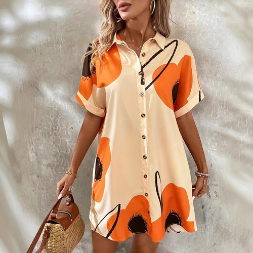 Women's printed fashionable shirt dress印花时尚女衬衫连衣裙