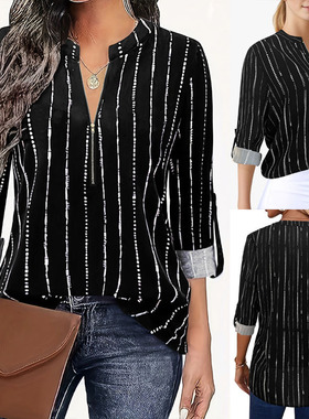 5XL plus size women striped zipper long sleeved shirt女上衣