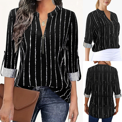 5XL plus size women striped zipper long sleeved shirt女上衣