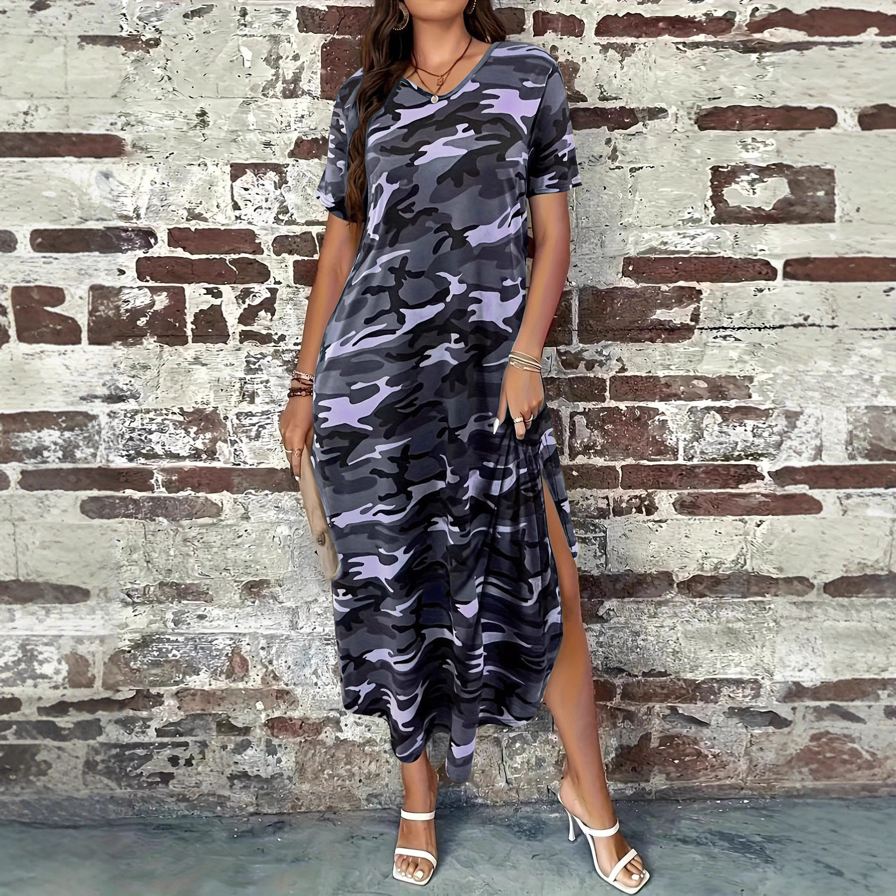 5XL Large Women Camouflage Short Sleeve Dress女迷彩连衣裙