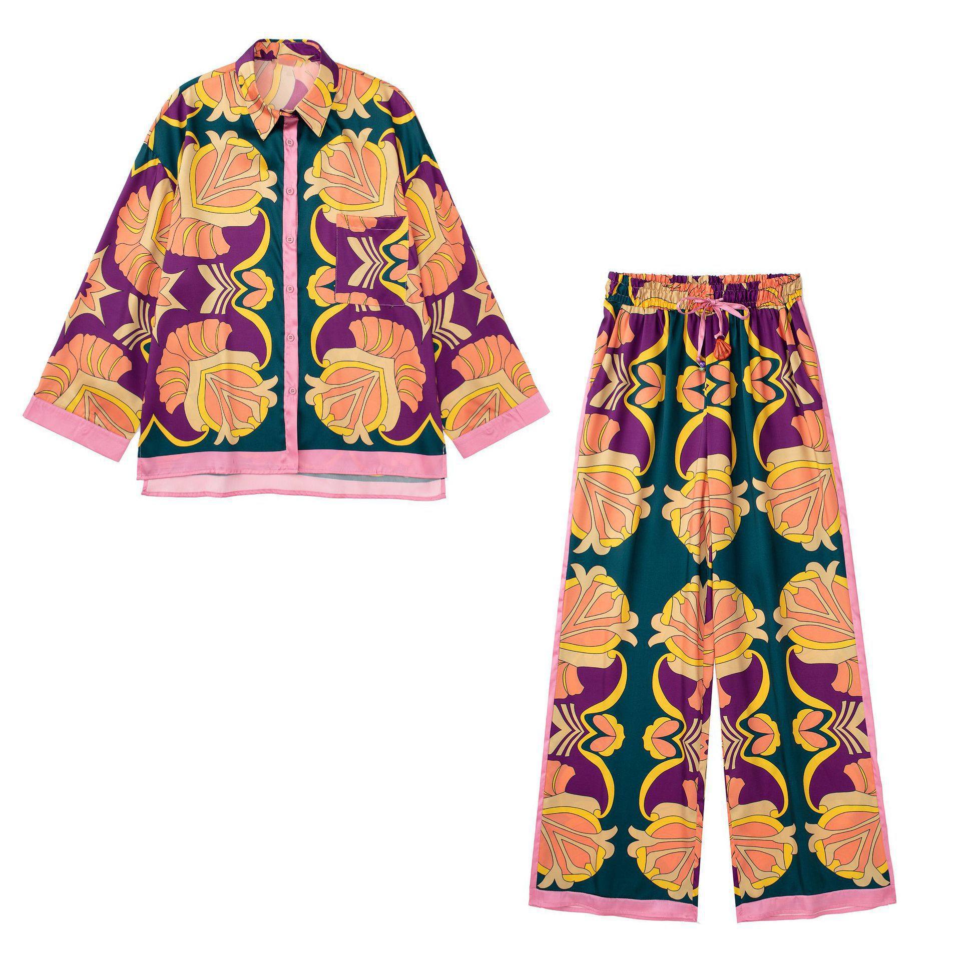Women's printed shirt and pants set女新款印花衬衫印花长裤