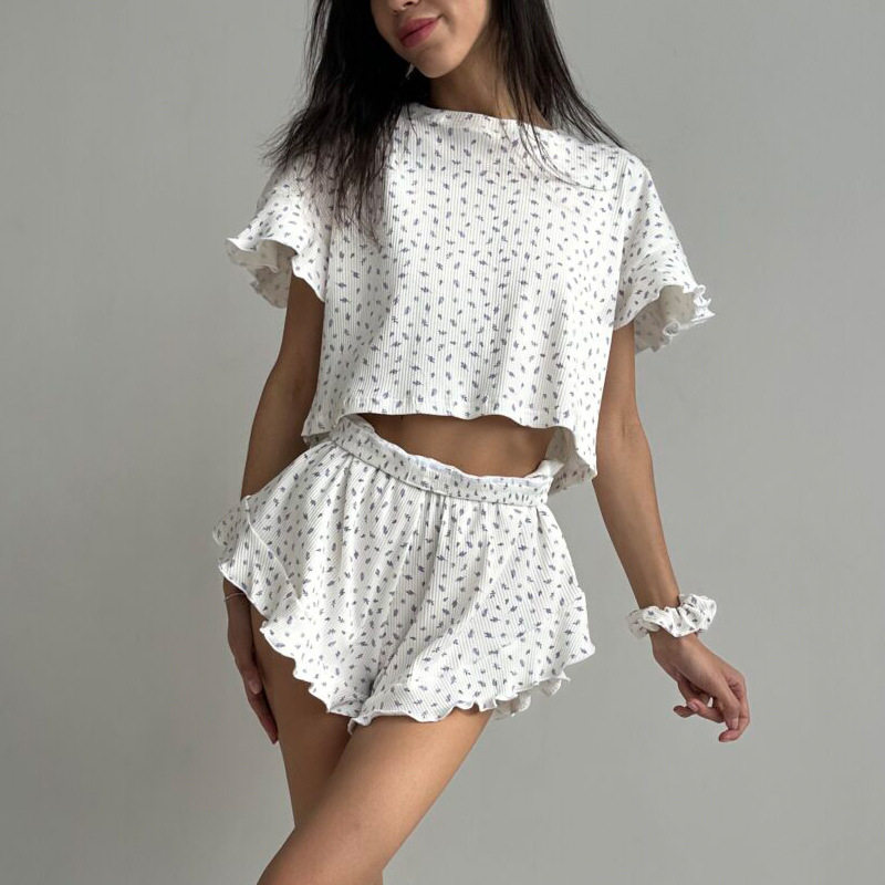 Women's casual printed set pajamas荷叶短袖圆领短裤睡衣两件套