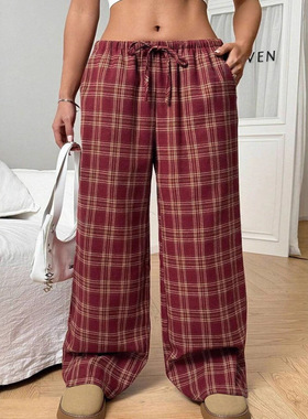 Women loose drawstring checkered pants女宽松抽绳格子口袋长裤